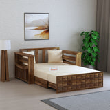 OSLO Solid Sheesham Wood Two Seater Sofa Cum Bed With Side Pocket - 3 Years Warranty