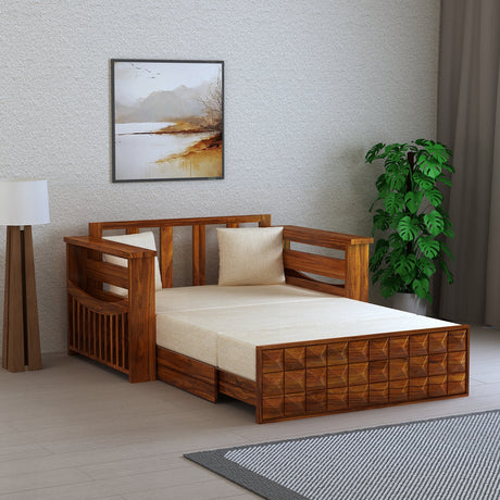 OSLO Solid Sheesham Wood Two Seater Sofa Cum Bed With Side Pocket - 3 Years Warranty