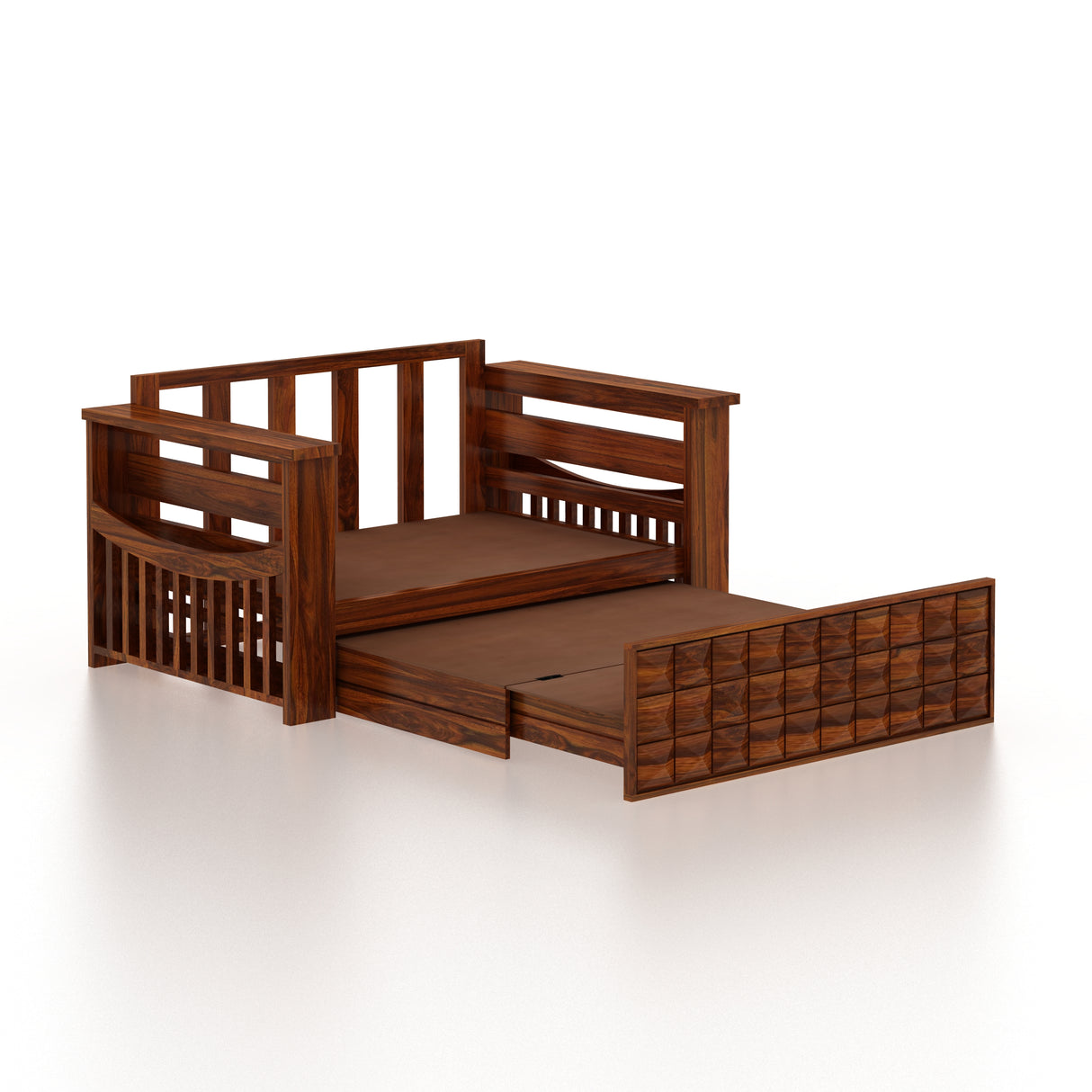 OSLO Solid Sheesham Wood Two Seater Sofa Cum Bed With Side Pocket - 3 Years Warranty