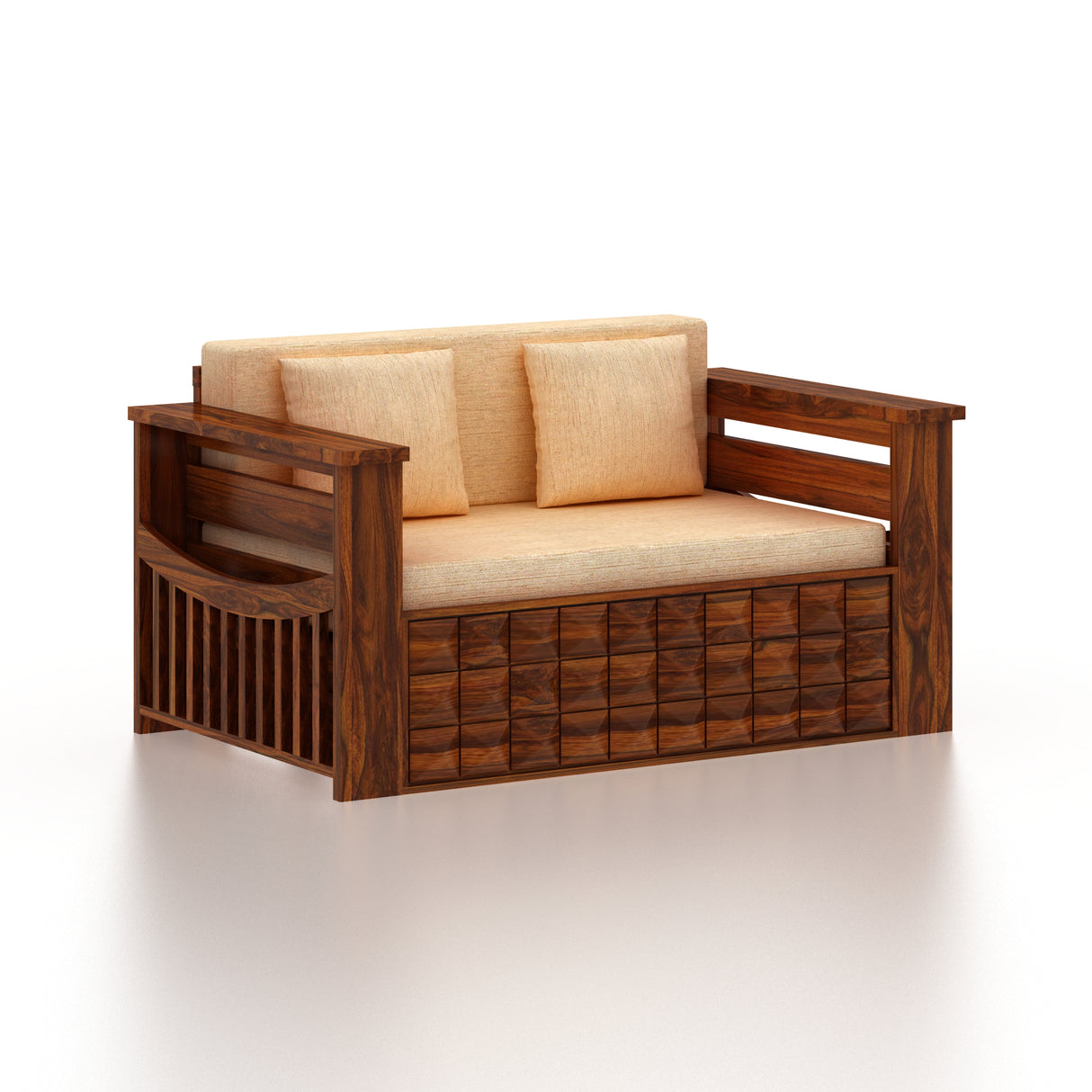 OSLO Solid Sheesham Wood Two Seater Sofa Cum Bed With Side Pocket - 3 Years Warranty