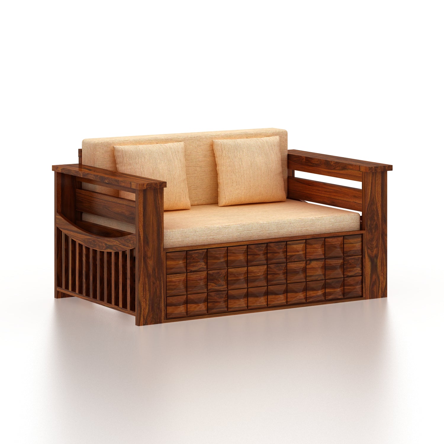 OSLO Solid Sheesham Wood Two Seater Sofa Cum Bed With Side Pocket - 3 Years Warranty