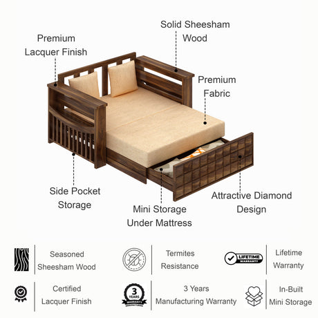 OSLO Solid Sheesham Wood Two Seater Sofa Cum Bed With Side Pocket - 3 Years Warranty