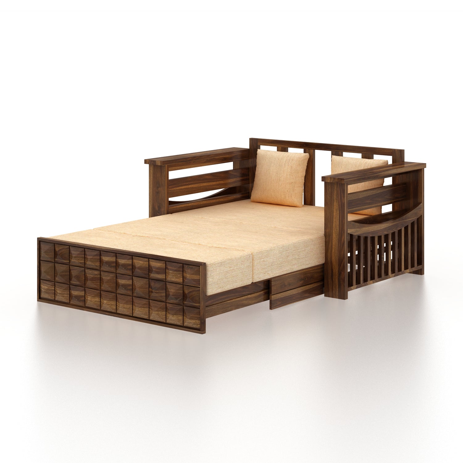 OSLO Solid Sheesham Wood Two Seater Sofa Cum Bed With Side Pocket - 3 Years Warranty