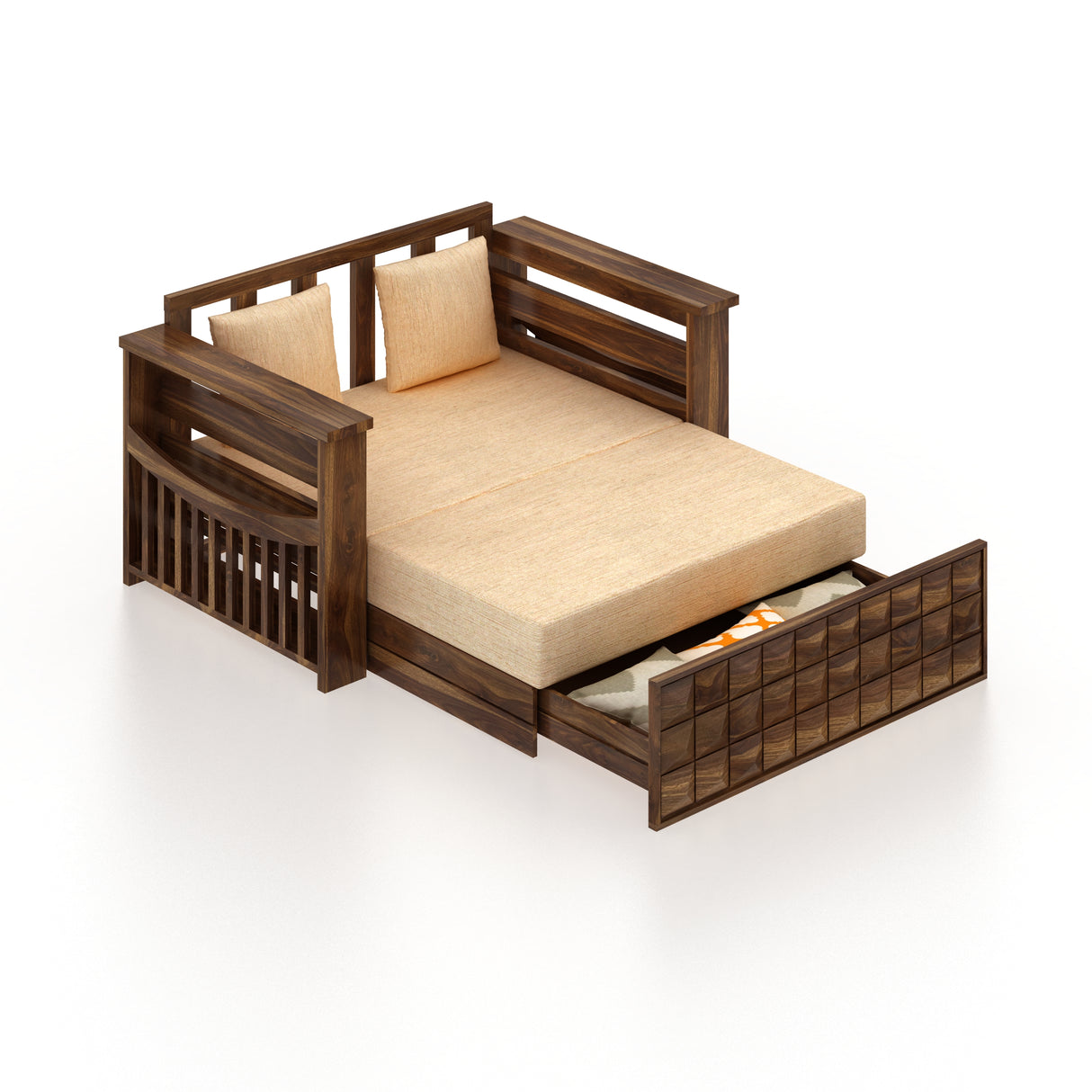 OSLO Solid Sheesham Wood Two Seater Sofa Cum Bed With Side Pocket - 3 Years Warranty
