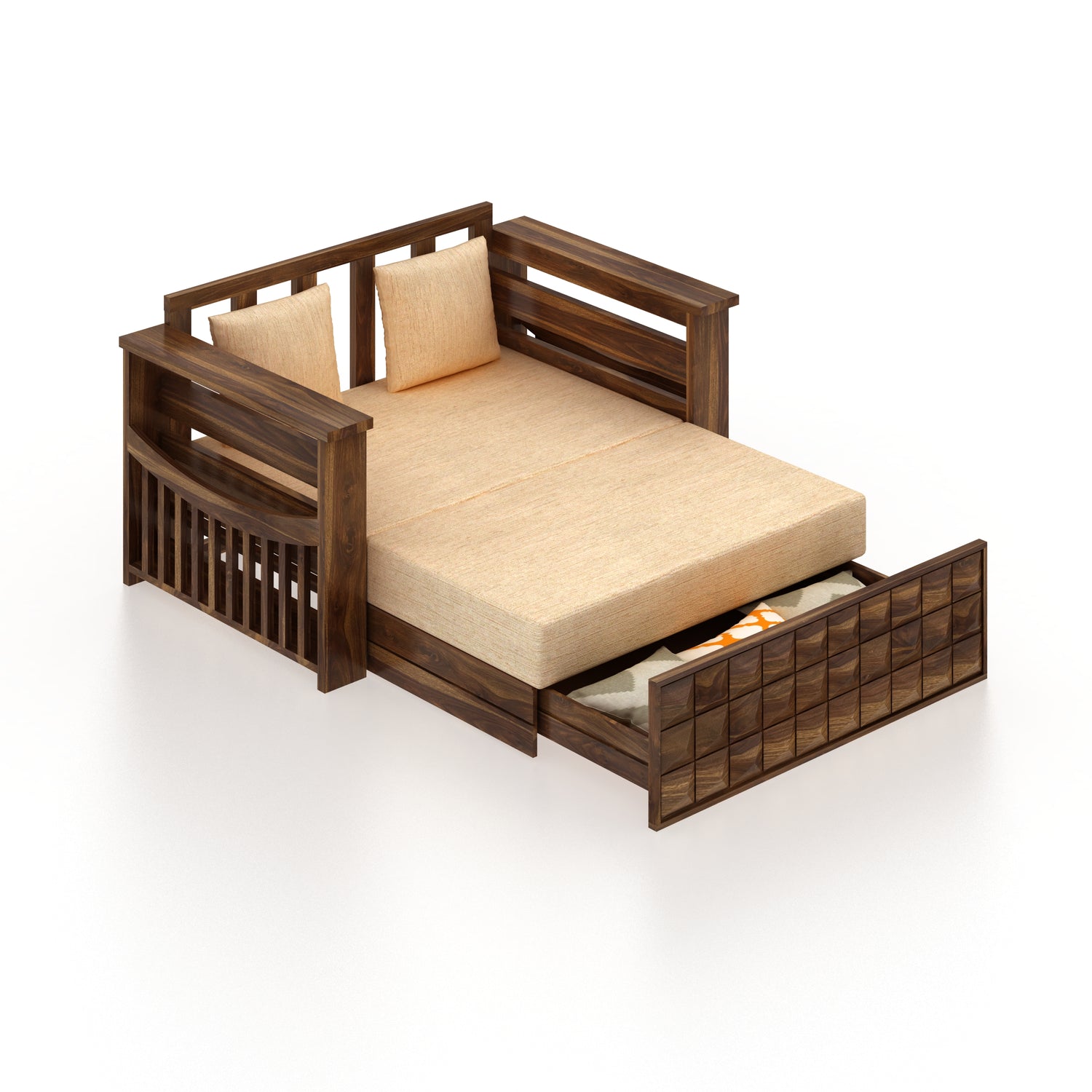 OSLO Solid Sheesham Wood Two Seater Sofa Cum Bed With Side Pocket - 3 Years Warranty
