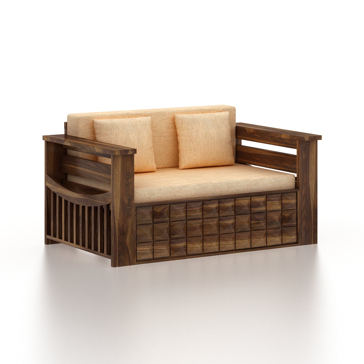 OSLO Solid Sheesham Wood Two Seater Sofa Cum Bed With Side Pocket - 3 Years Warranty