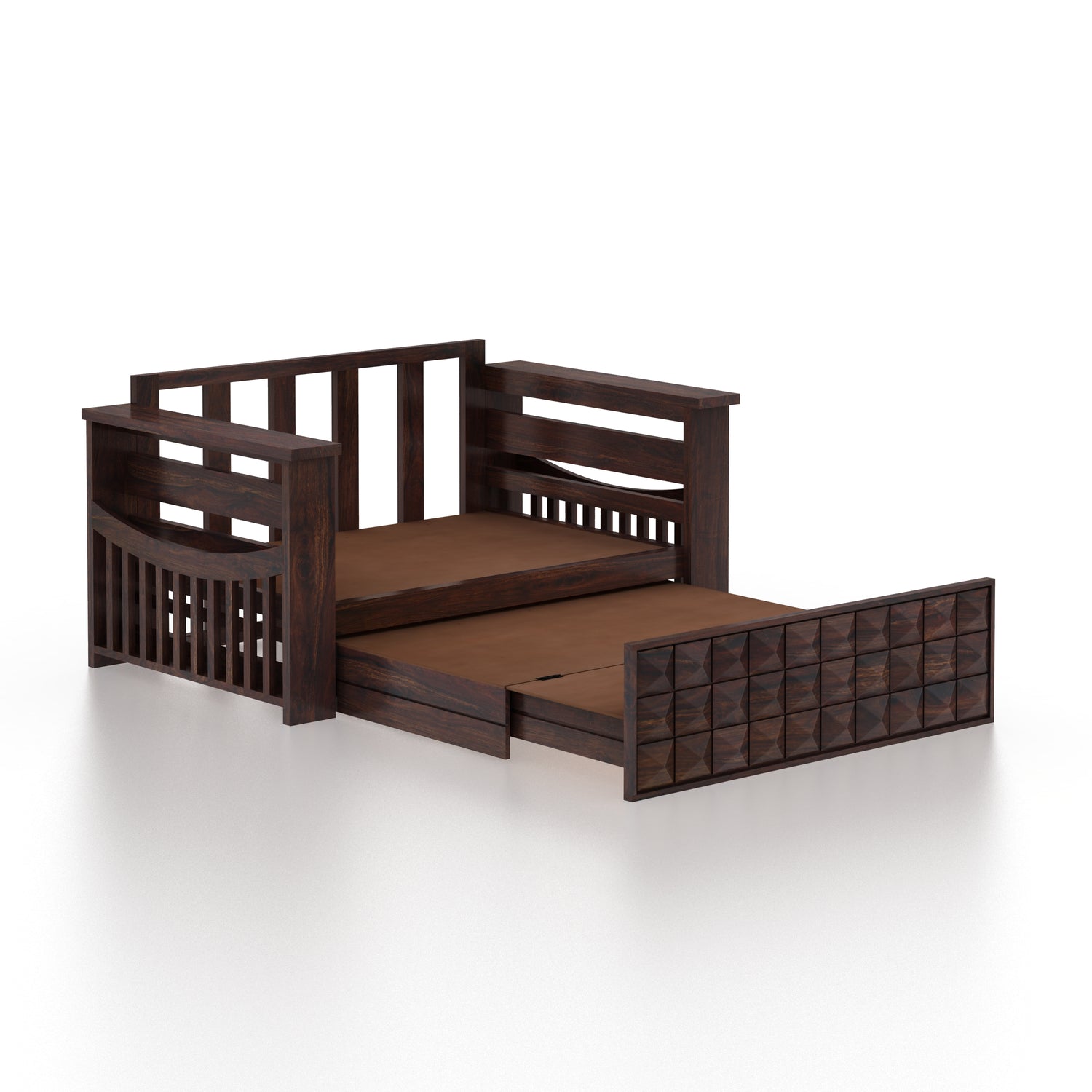 OSLO Solid Sheesham Wood Two Seater Sofa Cum Bed With Side Pocket - 3 Years Warranty