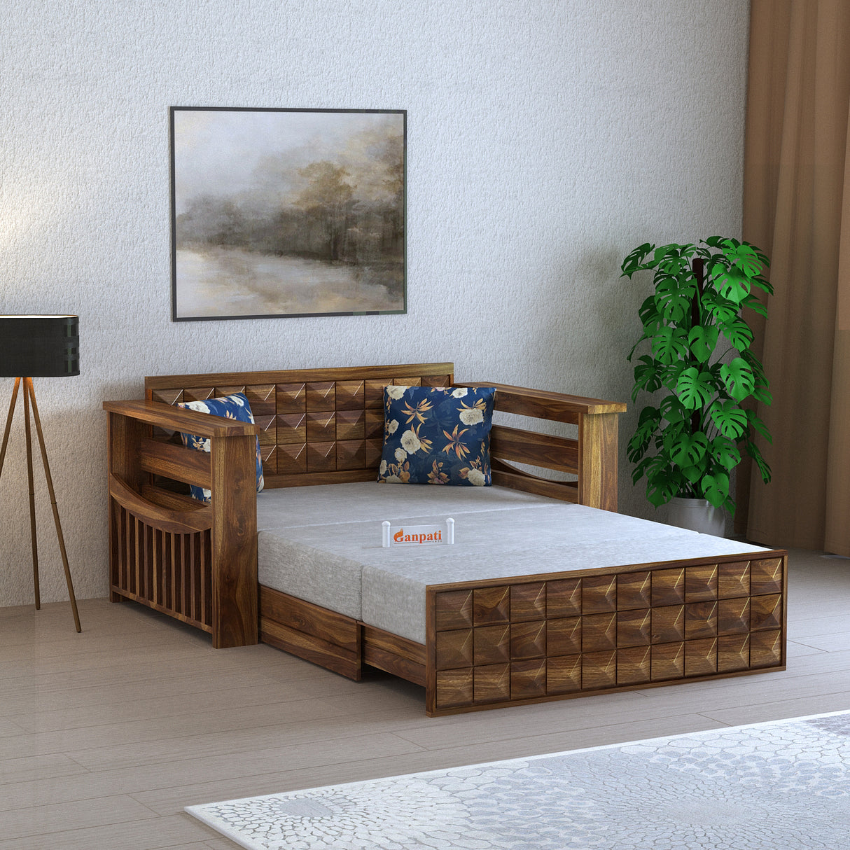 OSLO Solid Sheesham Wood 2 Seater Sofa Cum Bed With Headboard and Mini Storage - 3 Years Warranty