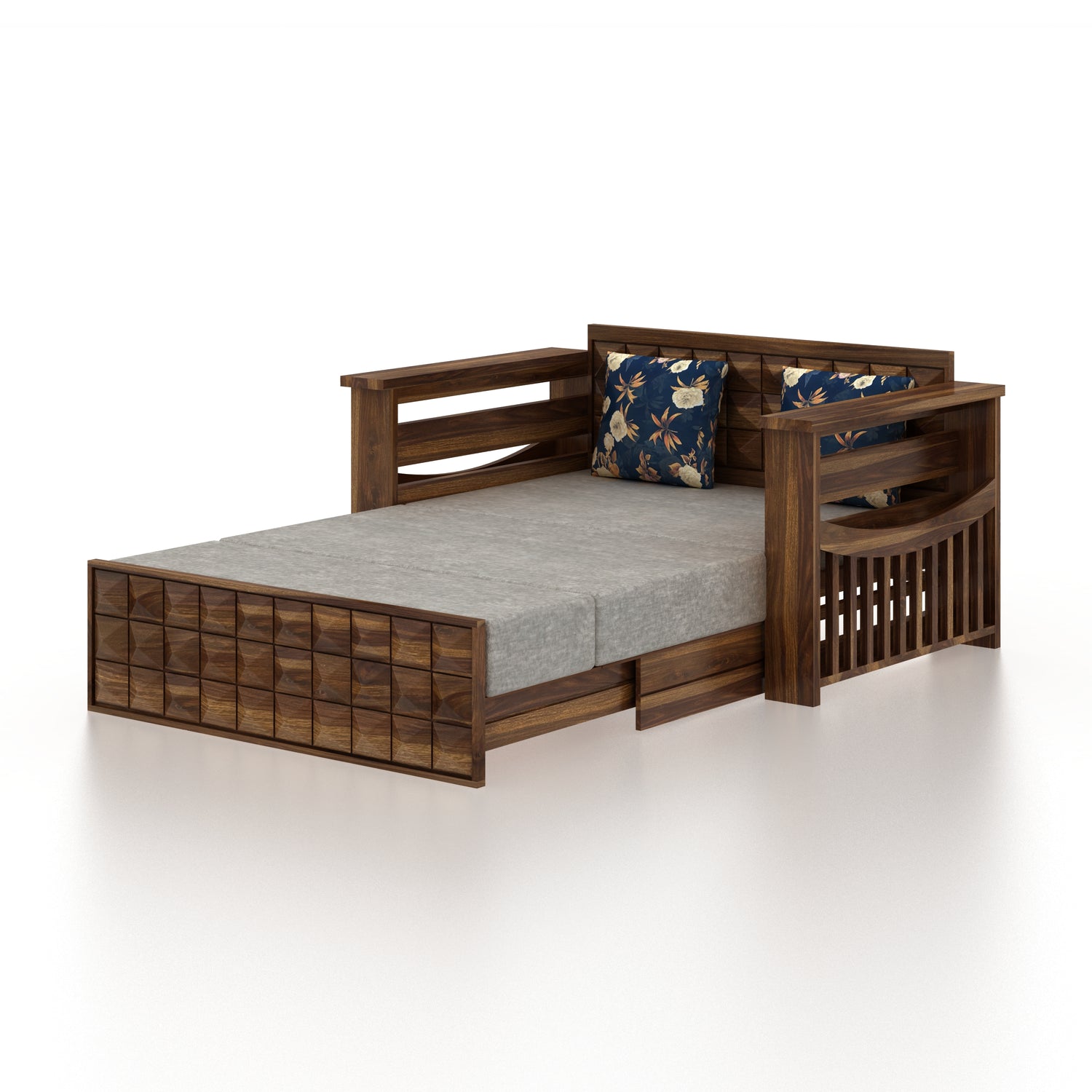 OSLO Solid Sheesham Wood 2 Seater Sofa Cum Bed With Headboard and Mini Storage - 3 Years Warranty
