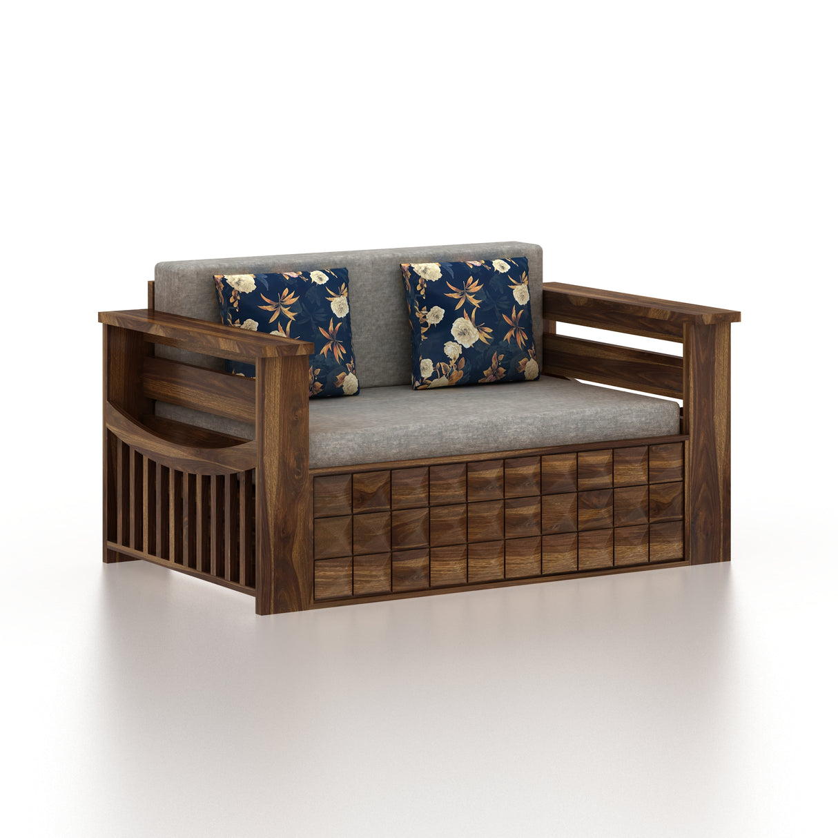 OSLO Solid Sheesham Wood 2 Seater Sofa Cum Bed With Headboard and Mini Storage - 3 Years Warranty