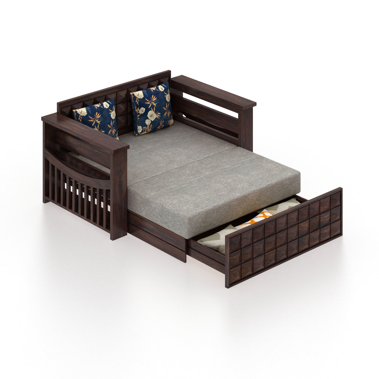 OSLO Solid Sheesham Wood 2 Seater Sofa Cum Bed With Headboard and Mini Storage - 3 Years Warranty