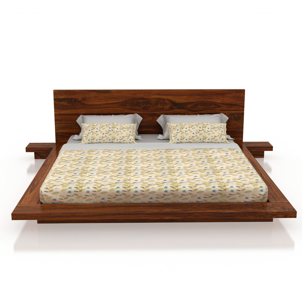 Lurid Solid Sheesham Wood Low Height Platform Bed with bedsides - 3 years Warranty