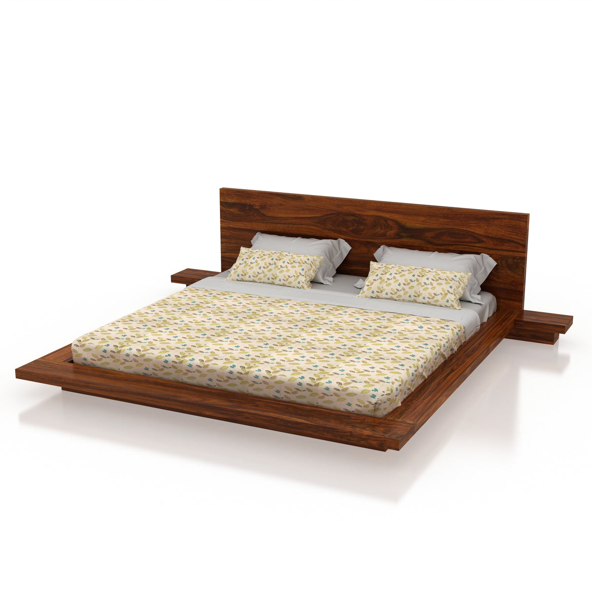 Lurid Solid Sheesham Wood Low Height Platform Bed with bedsides - 3 years Warranty