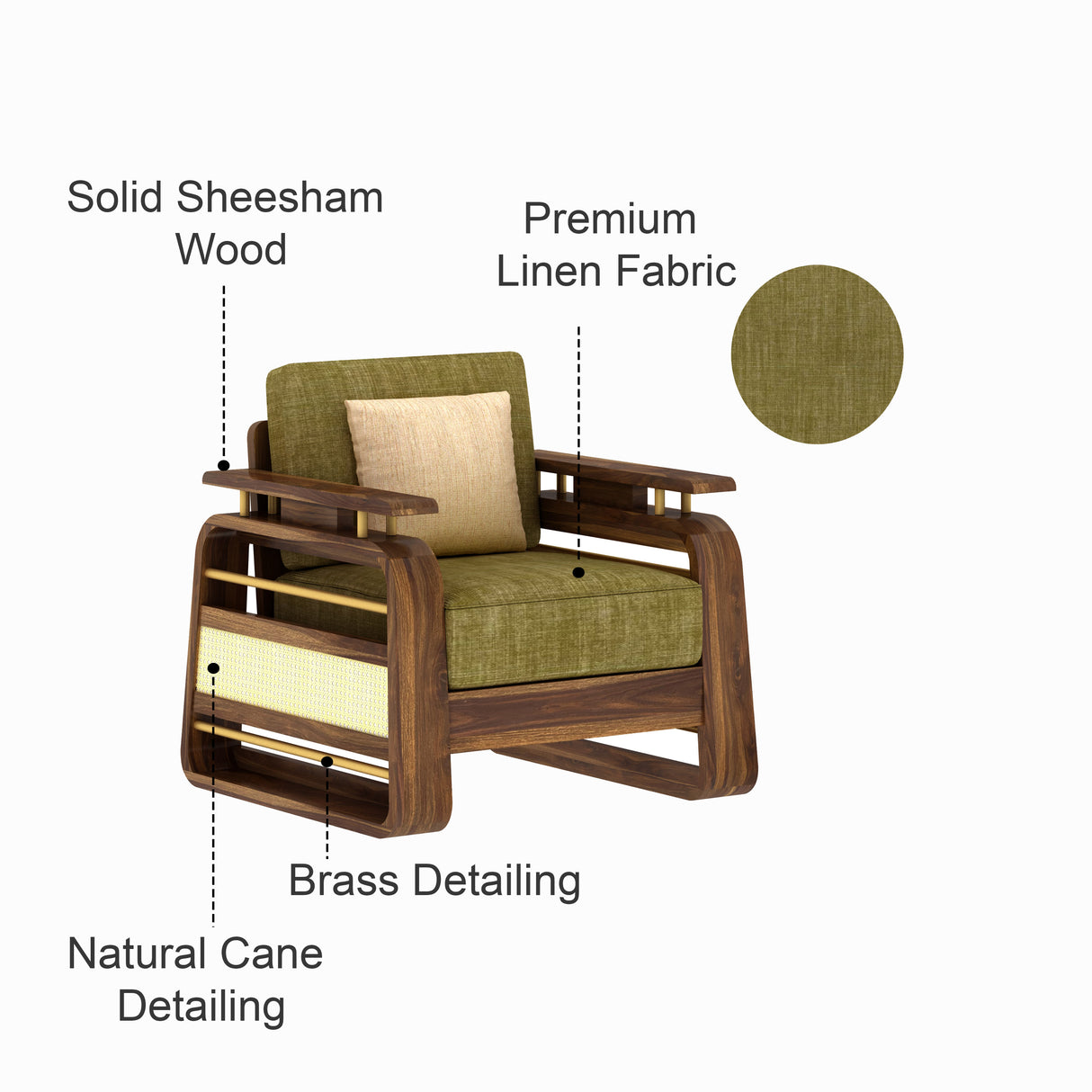 Edin Solid Sheesham Wood Single Seater Sofa With Cane & Brass Detailing - 3 Year Warranty (LUXE EDITION)