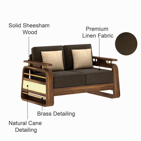 Edin Solid Sheesham Wood 2 Seater Sofa With Cane & Brass Detailing - 3 Year Warranty (LUXE EDITION)