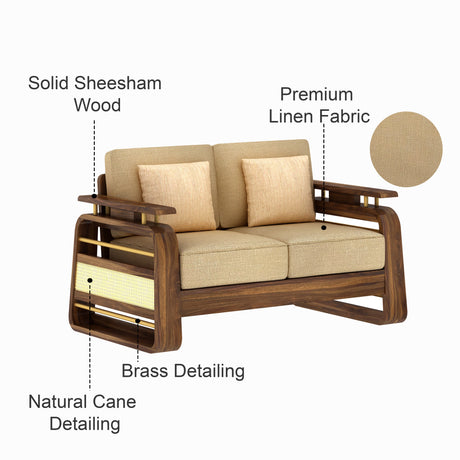Edin Solid Sheesham Wood 2 Seater Sofa With Cane & Brass Detailing - 3 Year Warranty (LUXE EDITION)