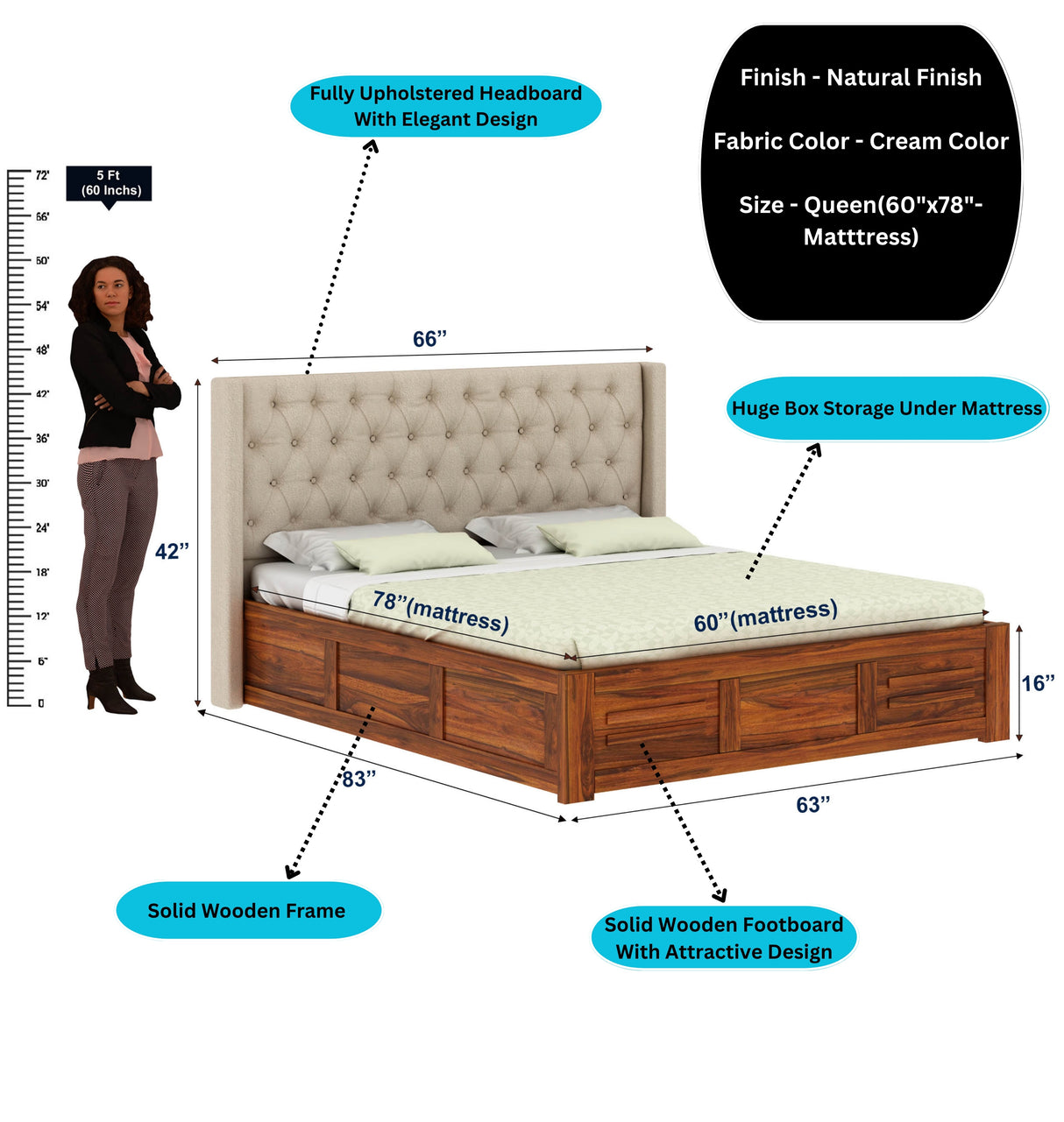 Swiss Solid Sheesham Wood Bed With Box Storage & Fabrio Style Upholstered Headboard-3 years Warranty(LUXE EDITION)