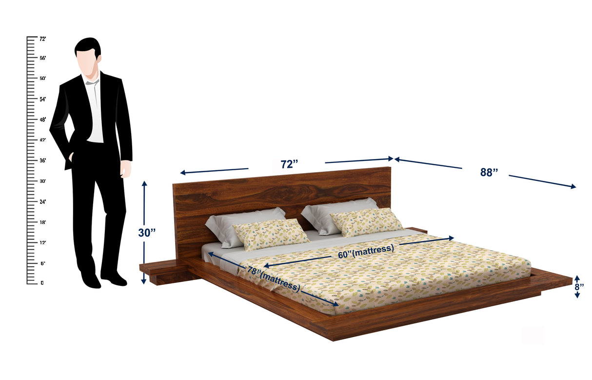 Lurid Solid Sheesham Wood Low Height Platform Bed with bedsides - 3 years Warranty