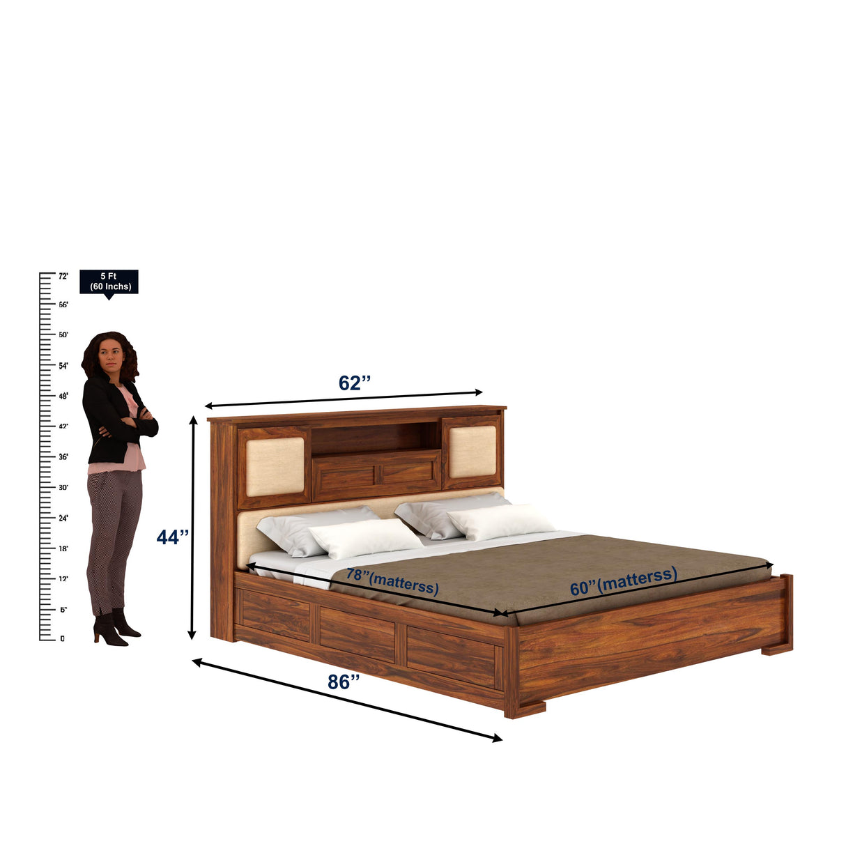 Maharaja Solid Sheesham Wood Bed with Hydraulic Box and Headboard Storage - 3 Years Warranty