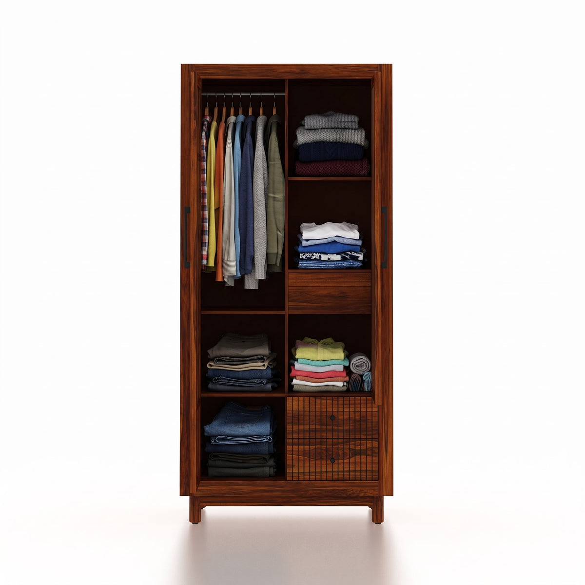 Robuston Solid Sheesham Wood Wardrobe With Two Doors, Mirror and Two Drawers - 3-Year