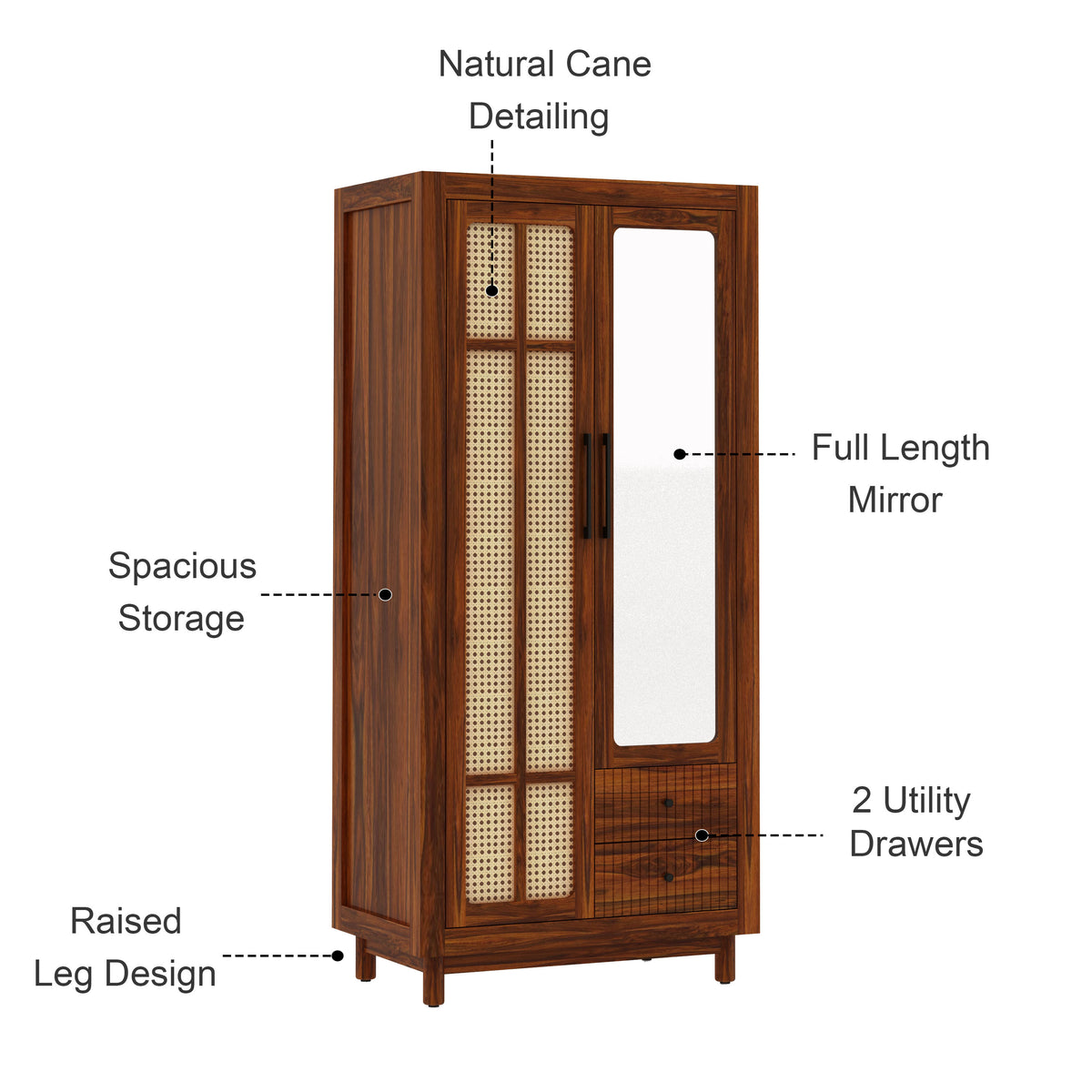 Robuston Solid Sheesham Wood Wardrobe With Two Doors, Mirror and Two Drawers - 3-Year