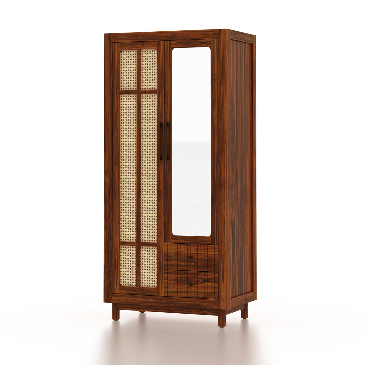 Robuston Solid Sheesham Wood Wardrobe With Two Doors, Mirror and Two Drawers - 3-Year
