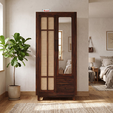 Robuston Solid Sheesham Wood Wardrobe With Two Doors, Mirror and Two Drawers - 3-Year