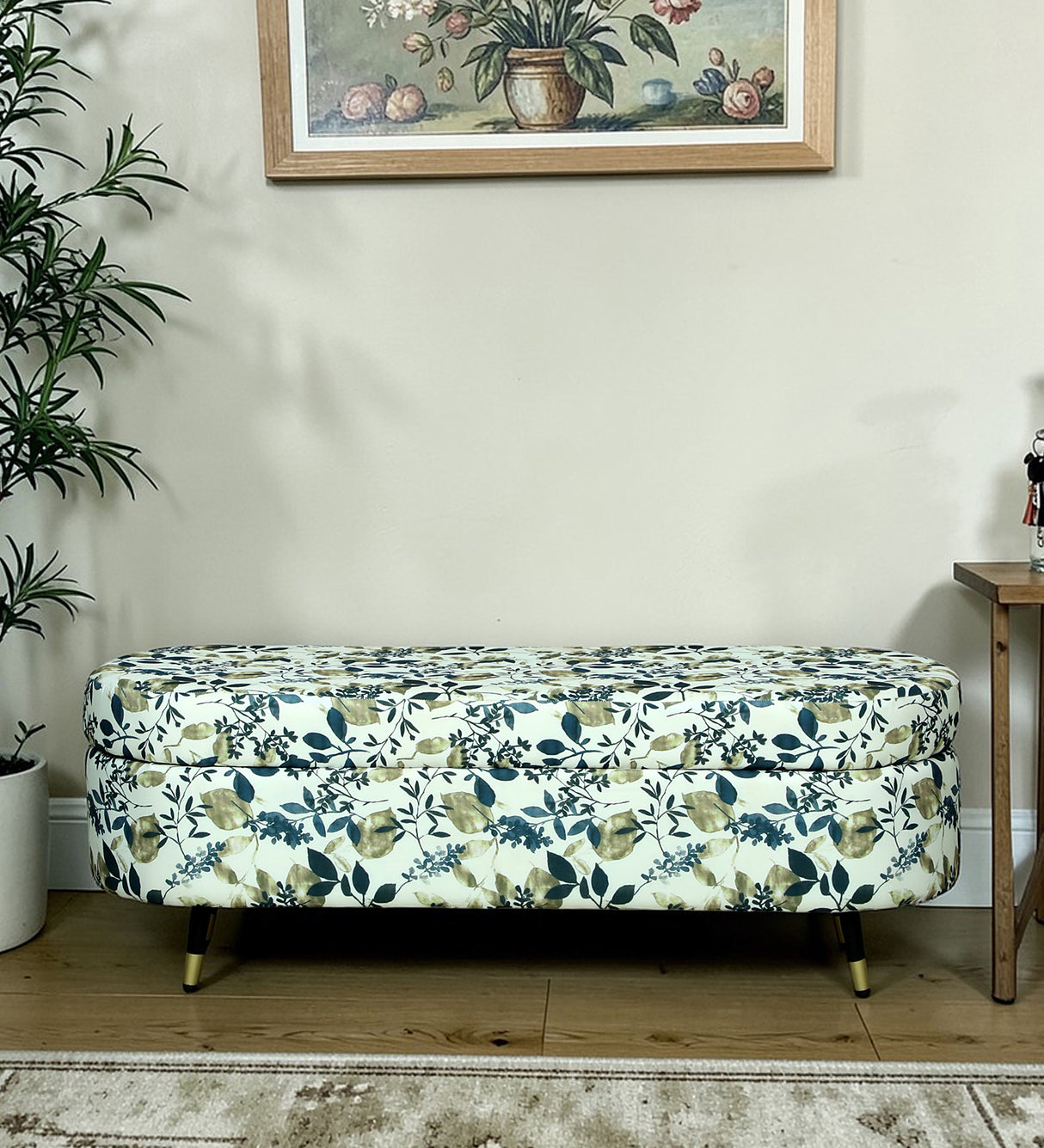 RYKER Upholstered Ottoman Bench With Storage - 12 Months Warranty(Floral)