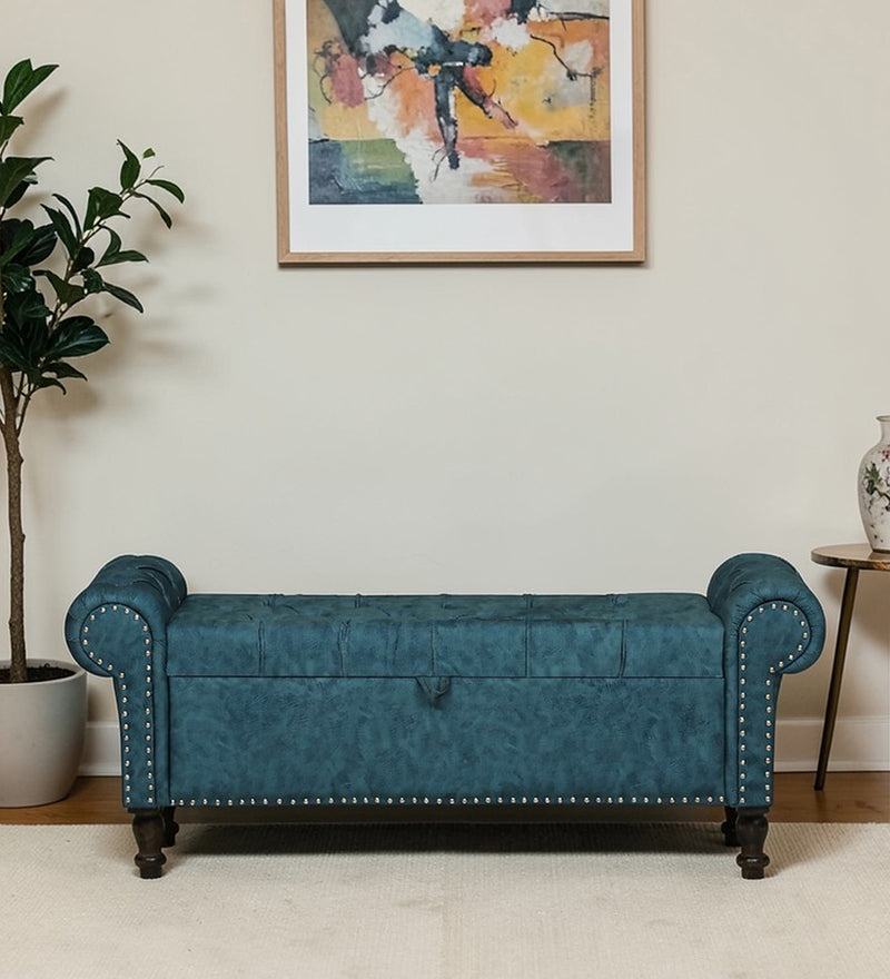 FABRIO Upholstered Ottoman Bench With Storage - 12 Months Warranty(Blue Suede)