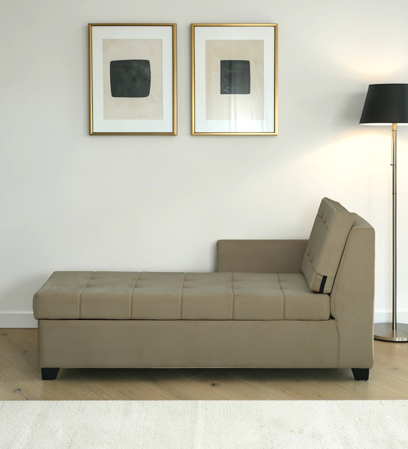 Fabrio Velvet Fabric LHS Lounger With Hydraulic Storage In Brown Color features