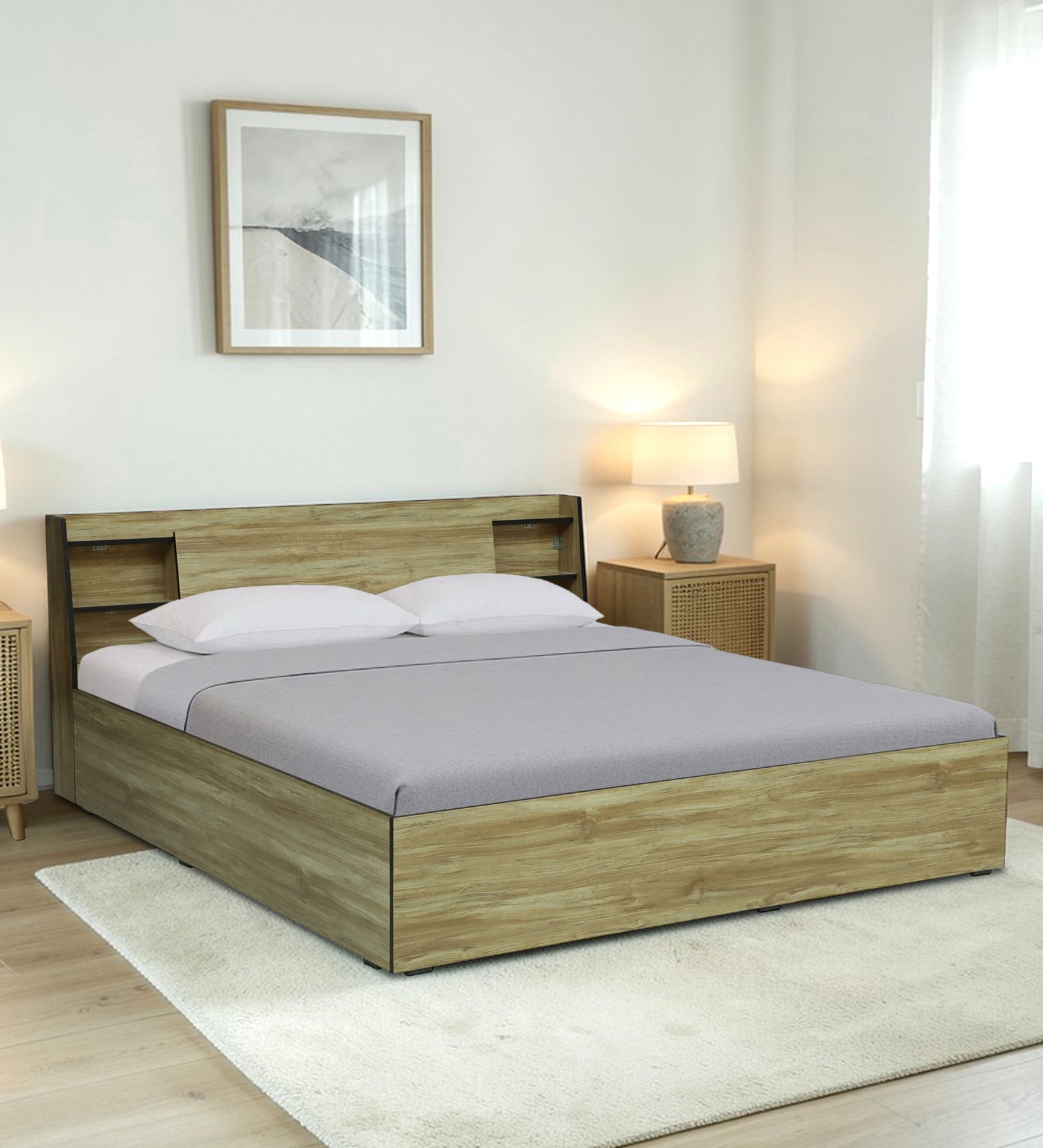 Vento Engineered Wood Bed with Box and Headboard Storage (STONE) - 12 Months Warranty features