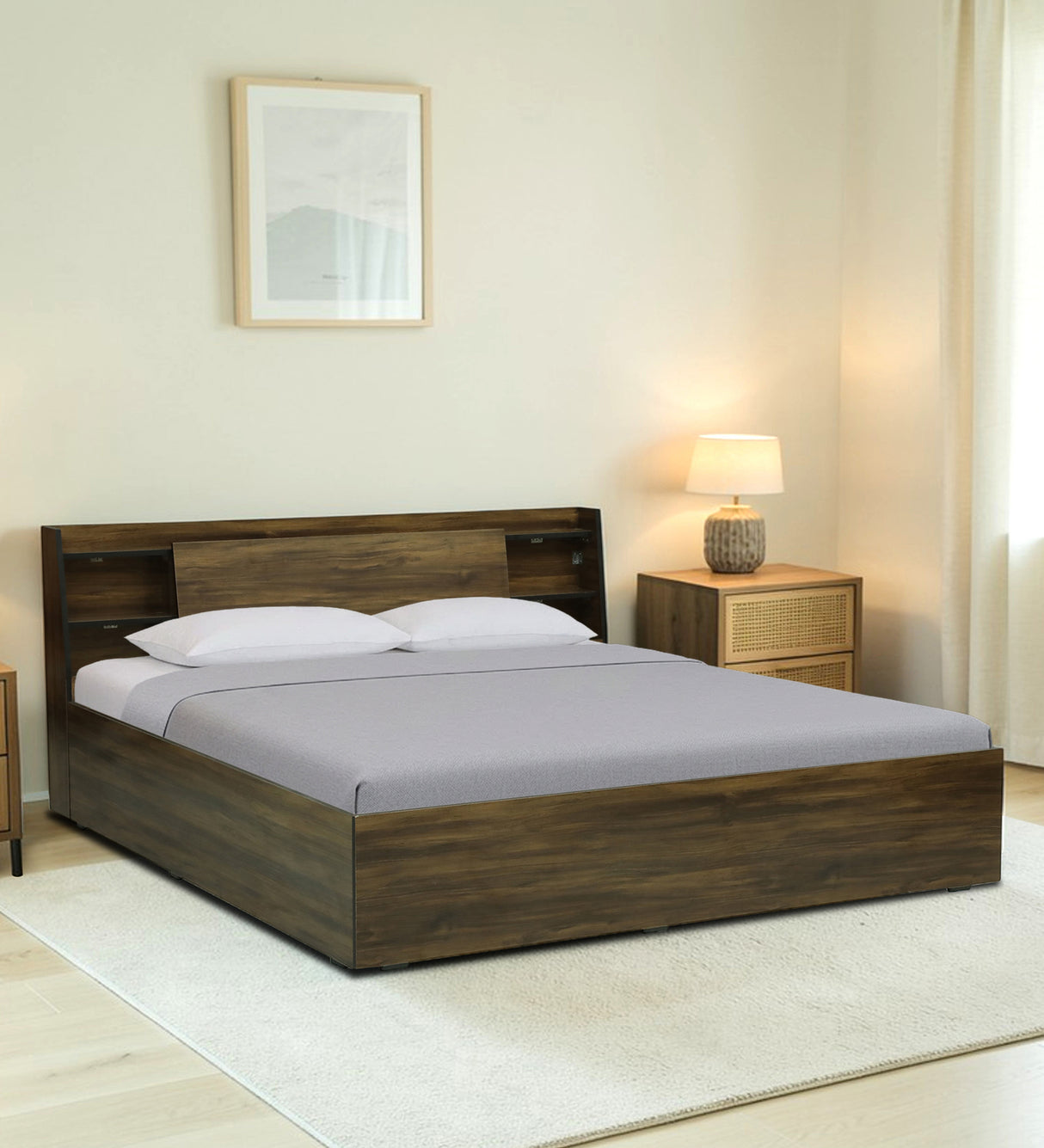 Vento Engineered Wood Bed with Box and Headboard Storage (Walnut) - 12 Months Warranty