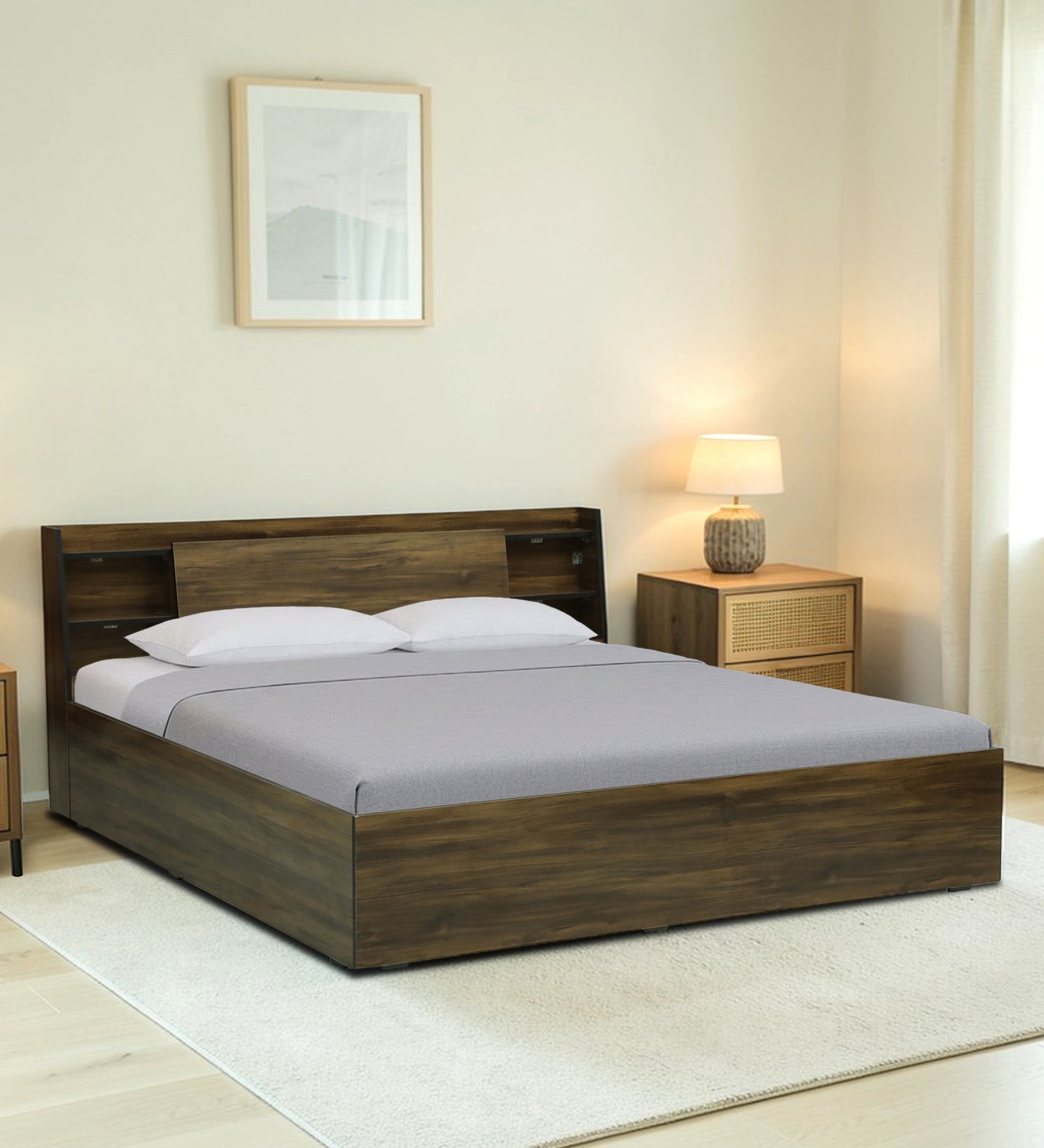 Vento Engineered Wood Bed with Box and Headboard Storage (Walnut) - 12 Months Warranty features