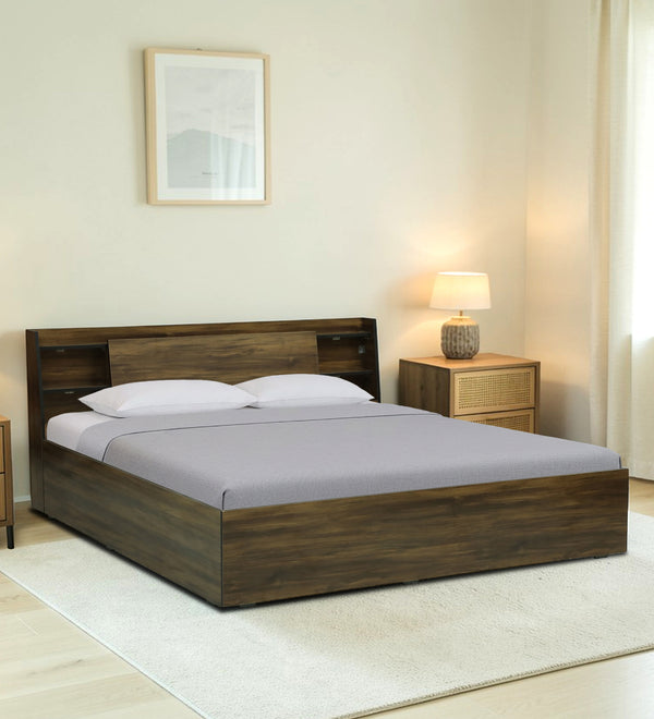 Vento Engineered Wood Bed with Box and Headboard Storage (Walnut) - 12 Months Warranty