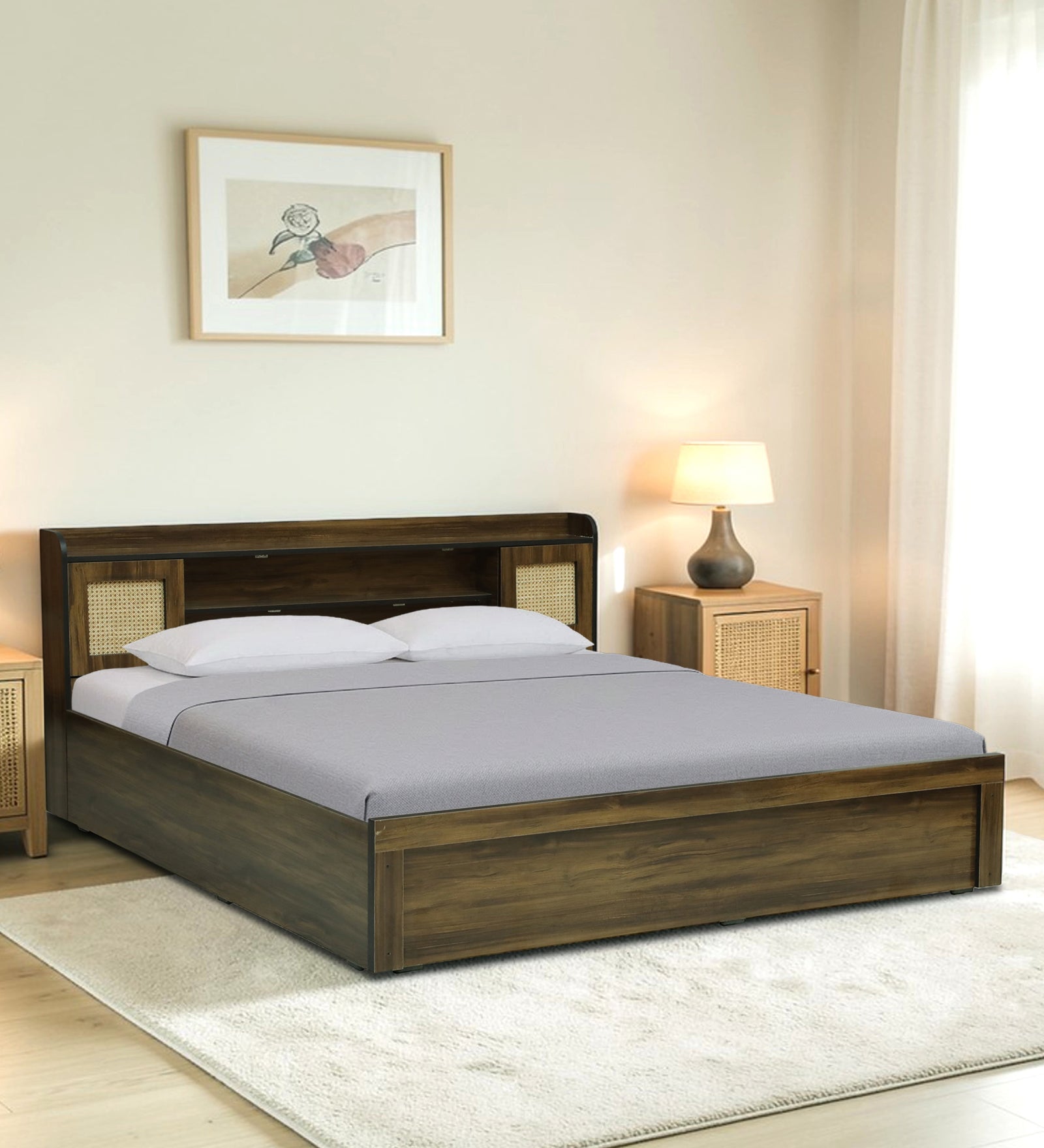 COPS Engineered Wood Bed with Box and Headboard Storage (Walnut) - 12 Months Warranty features