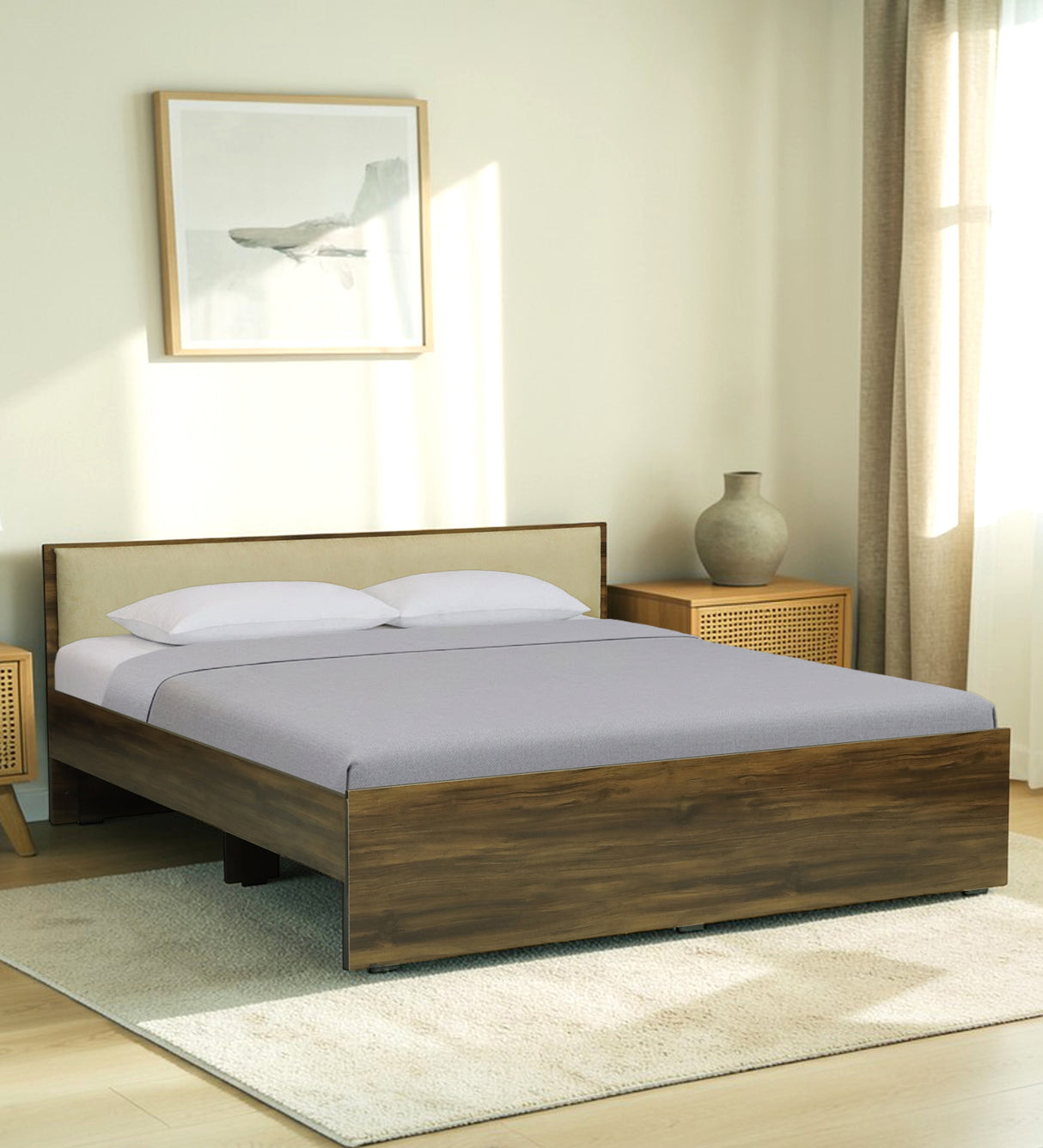 ALLEN Engineered Wood Bed Without Storage and Upholstered Headboard (Walnut) - 12 Months Warranty