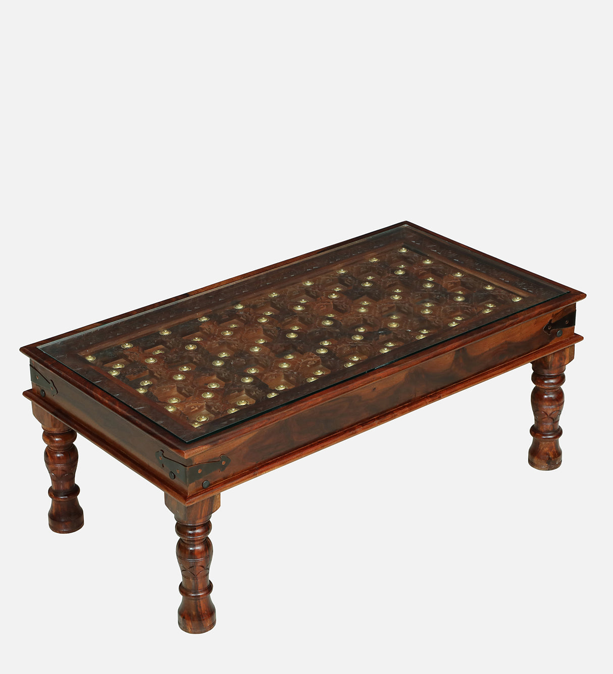 BUNDI Solid Sheesham Wood Coffee Table With Glass and Brass Detailing - 3 Years Warranty