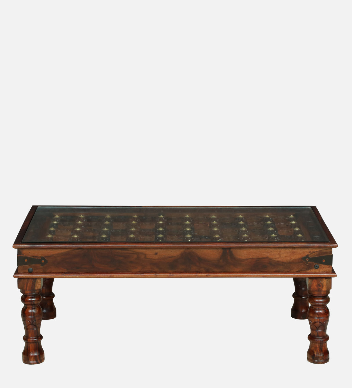 BUNDI Solid Sheesham Wood Coffee Table With Glass and Brass Detailing - 3 Years Warranty