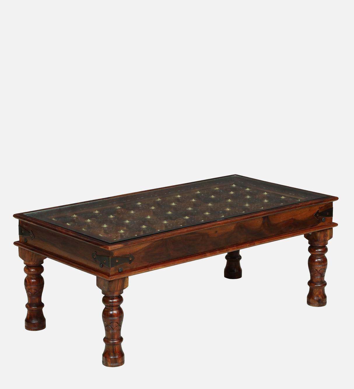 BUNDI Solid Sheesham Wood Coffee Table With Glass and Brass Detailing - 3 Years Warranty