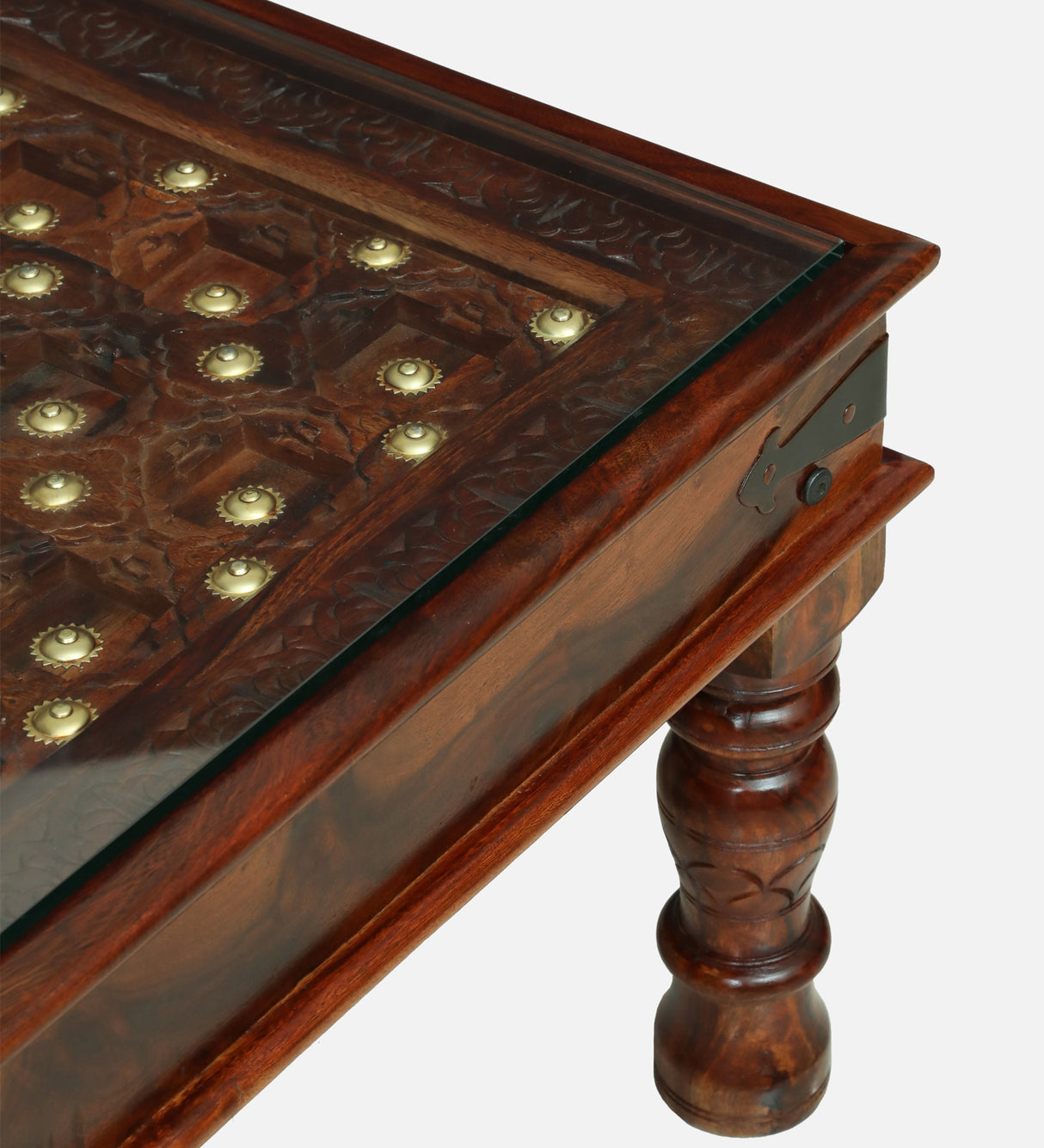 BUNDI Solid Sheesham Wood Coffee Table With Glass and Brass Detailing - 3 Years Warranty