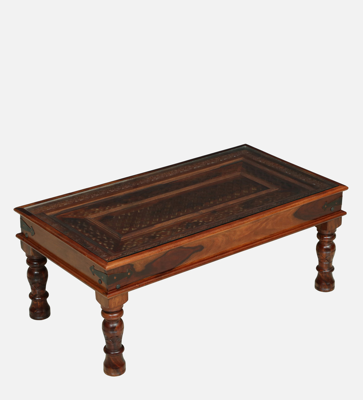 LEELA Solid Sheesham Wood Coffee Table With Glass and Brass Detailing - 3 Years Warranty