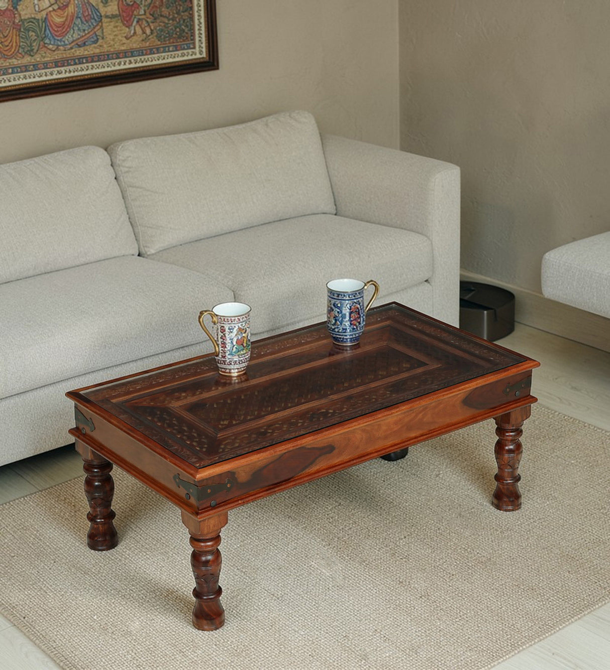 LEELA Solid Sheesham Wood Coffee Table With Glass and Brass Detailing - 3 Years Warranty