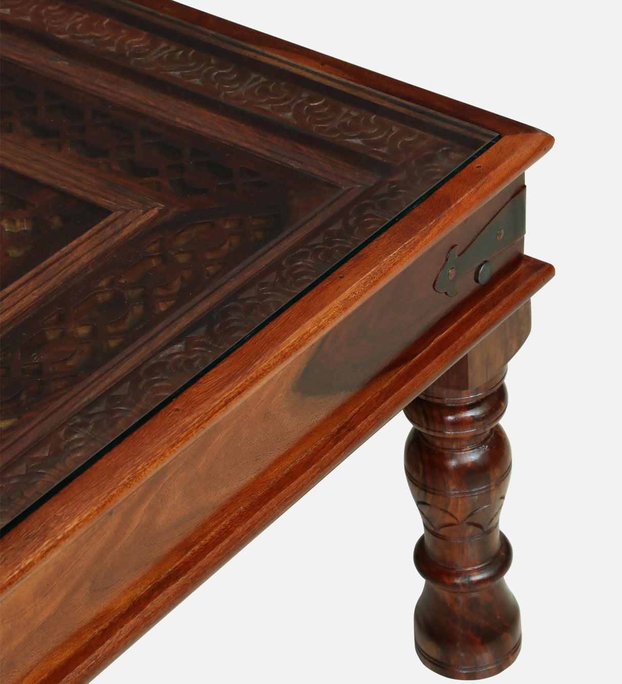 LEELA Solid Sheesham Wood Coffee Table With Glass and Brass Detailing - 3 Years Warranty