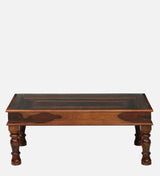 LEELA Solid Sheesham Wood Coffee Table With Glass and Brass Detailing - 3 Years Warranty