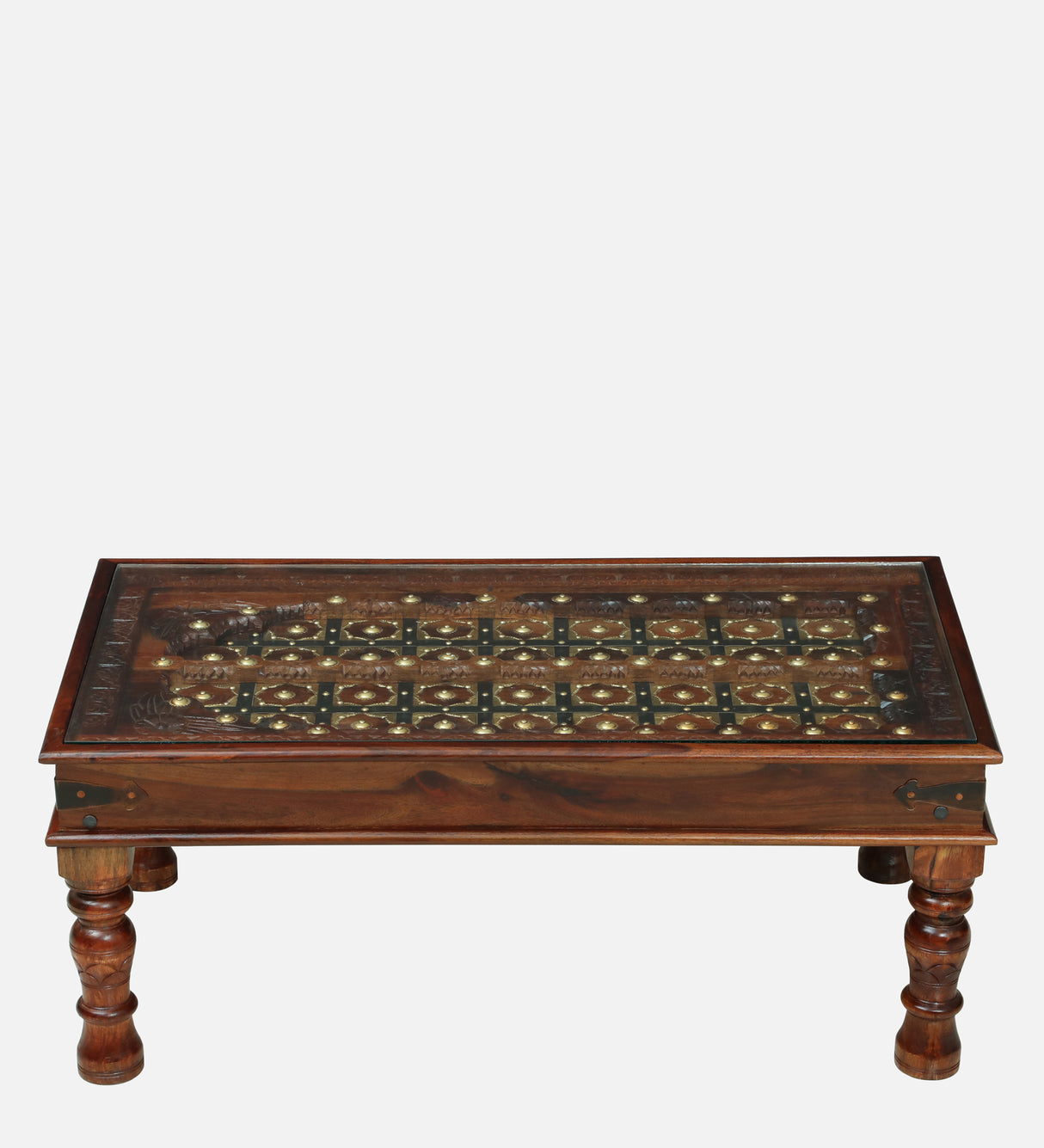 Haveli Solid Sheesham Wood Coffee Table With Glass and Brass Detailing - 3 Years Warranty