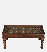Haveli Solid Sheesham Wood Coffee Table With Glass and Brass Detailing - 3 Years Warranty
