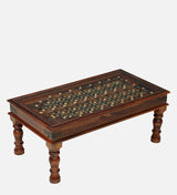 Haveli Solid Sheesham Wood Coffee Table With Glass and Brass Detailing - 3 Years Warranty