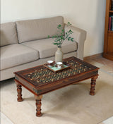 Haveli Solid Sheesham Wood Coffee Table With Glass and Brass Detailing - 3 Years Warranty