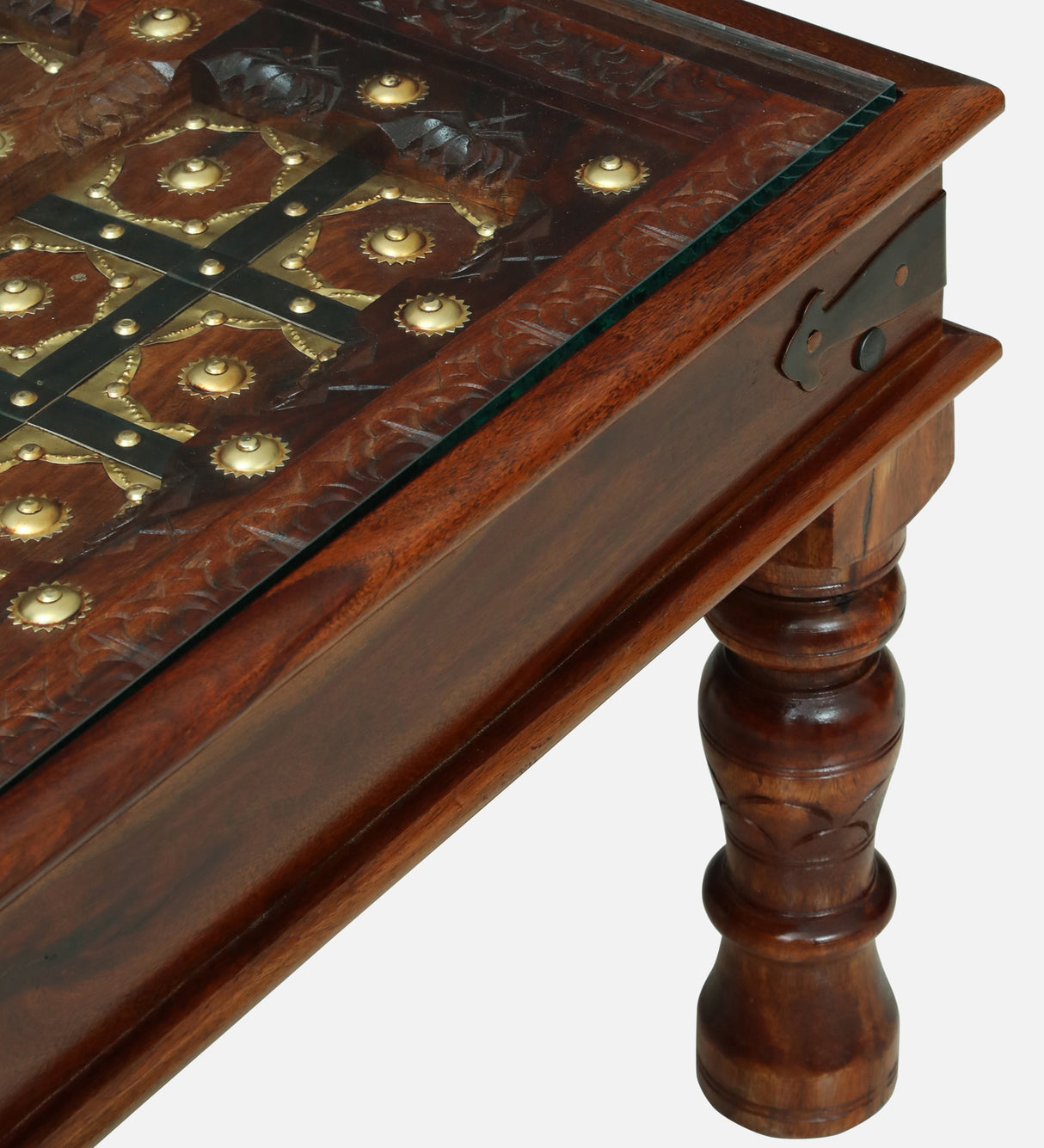 Haveli Solid Sheesham Wood Coffee Table With Glass and Brass Detailing - 3 Years Warranty
