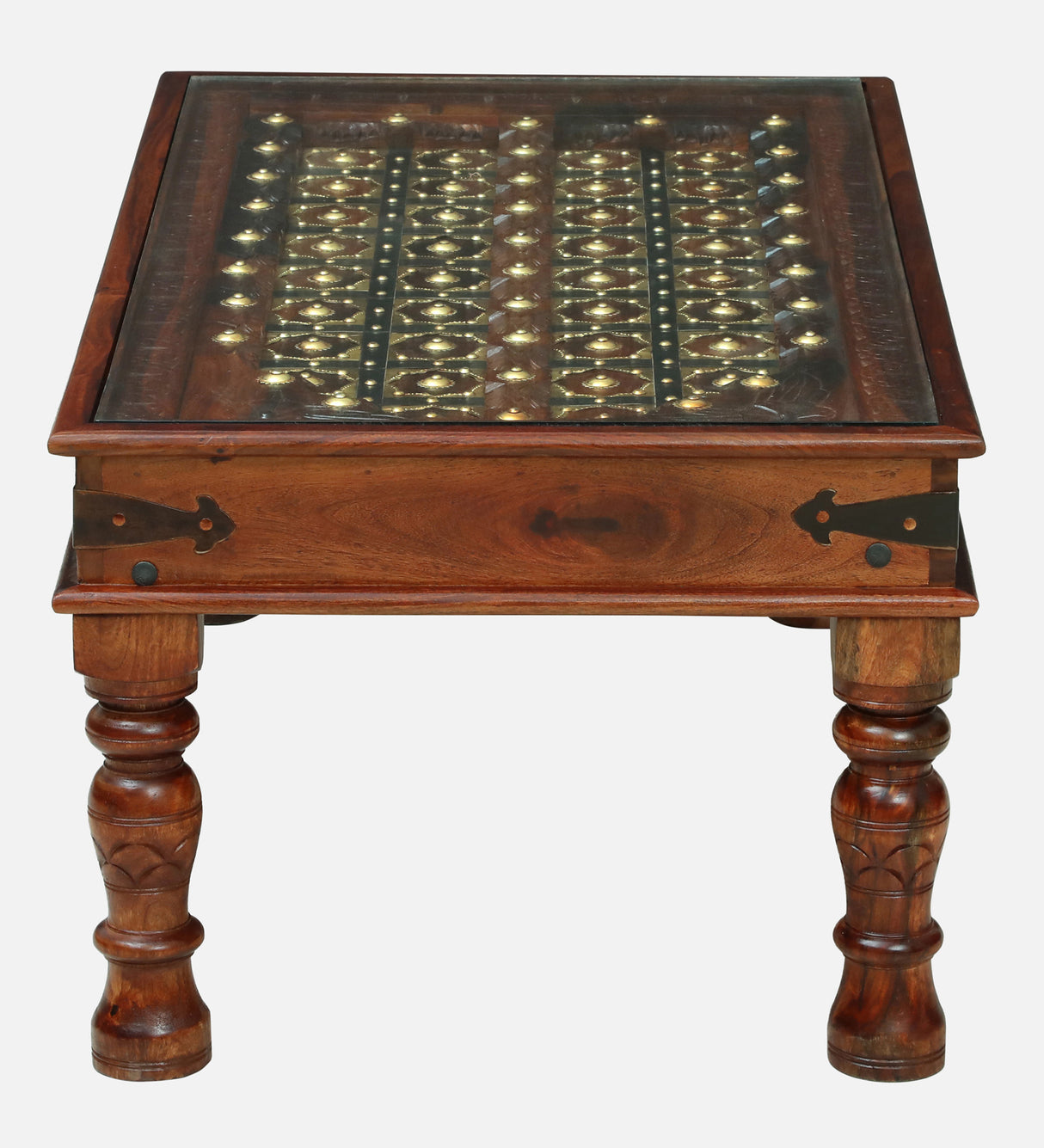 Haveli Solid Sheesham Wood Coffee Table With Glass and Brass Detailing - 3 Years Warranty